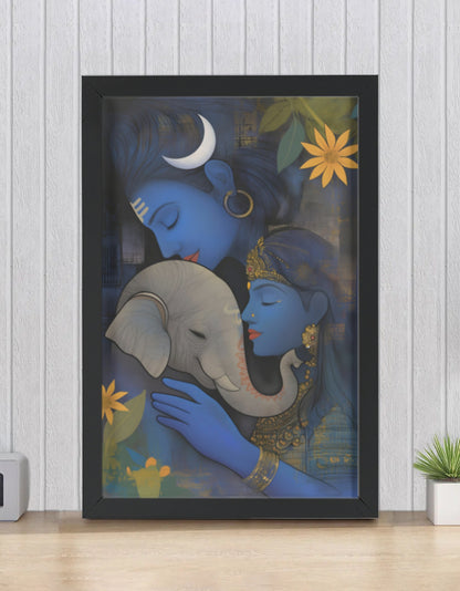 Divine Family: Digital Art of Lord Ganesha with Shiva and Parvati - A4 Framed Poster