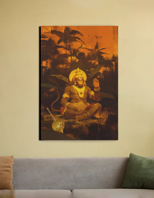 Lord Hanuman Sitting in Blessing Posture Canvas Wall Art | Peaceful Hanuman Calm Decor | Vastu & Gifting