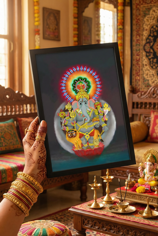 Sri Shuba Drishti Ganapathy Photo Frame | Auspicious Ganesha Wall Art for Good Fortune | 300 GSM Glossy Laminated Artboard | Vastu Blessings & Prosperity Gift