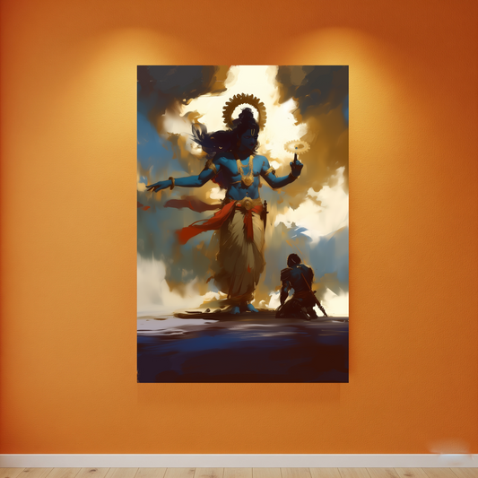 Krishna with Sudarshana Chakra and Arjuna Bowing Wall Decor Poster – Perfect Gift for Krishna Devotees