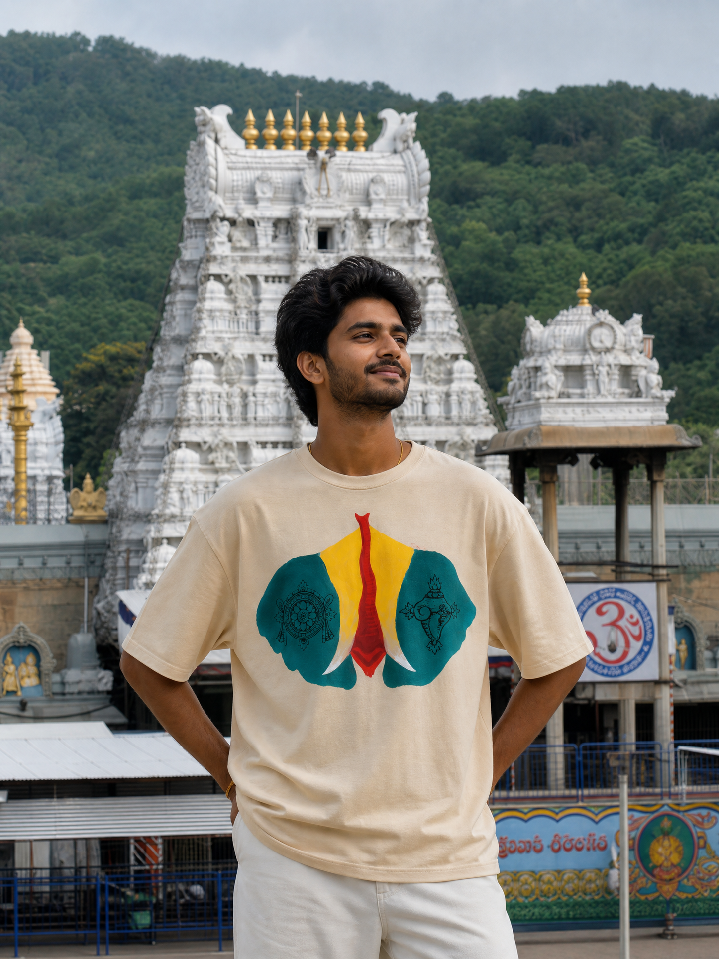 Sri Venkateswara swamy Sacred Symbols Oversized T-Shirt | Shankha Chakra Namam Temple Elephant Graphic Tee | Premium Unisex 240 GSM Cotton