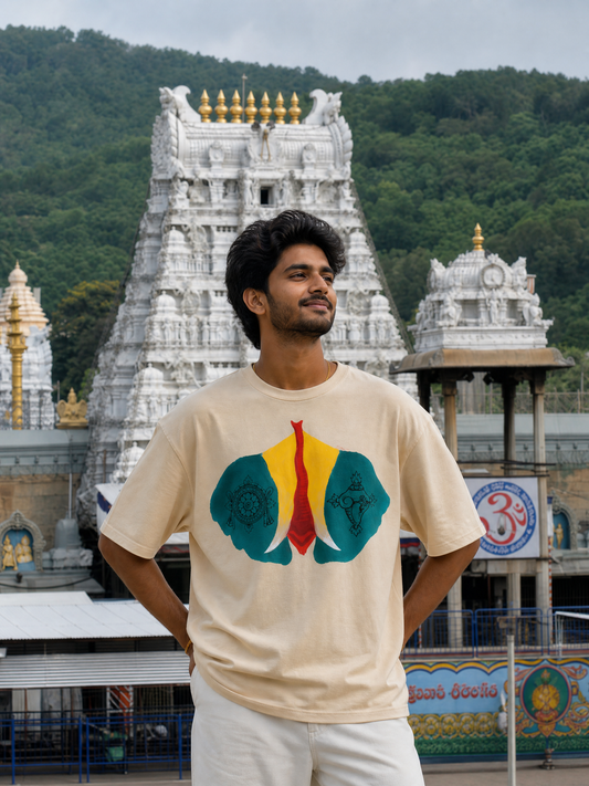 Sri Venkateswara swamy Sacred Symbols Oversized T-Shirt | Shankha Chakra Namam Temple Elephant Graphic Tee | Premium Unisex 240 GSM Cotton