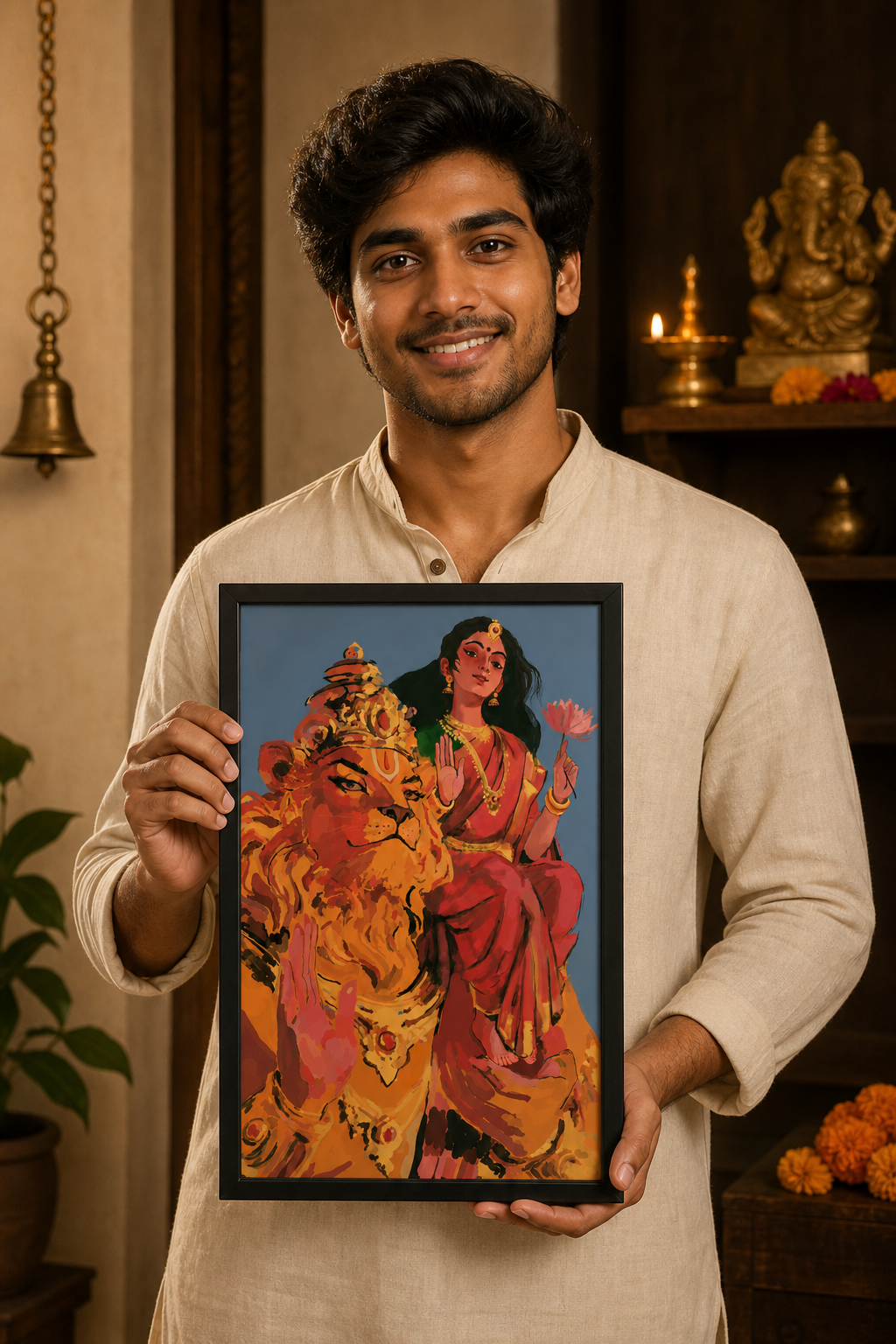 Lakshmi Narasimha Swamy Photo Frame | Goddess Lakshmi Seated on Lord Narasimha's Shoulder | Hindu Devotional Wall Art | Spiritual Gift