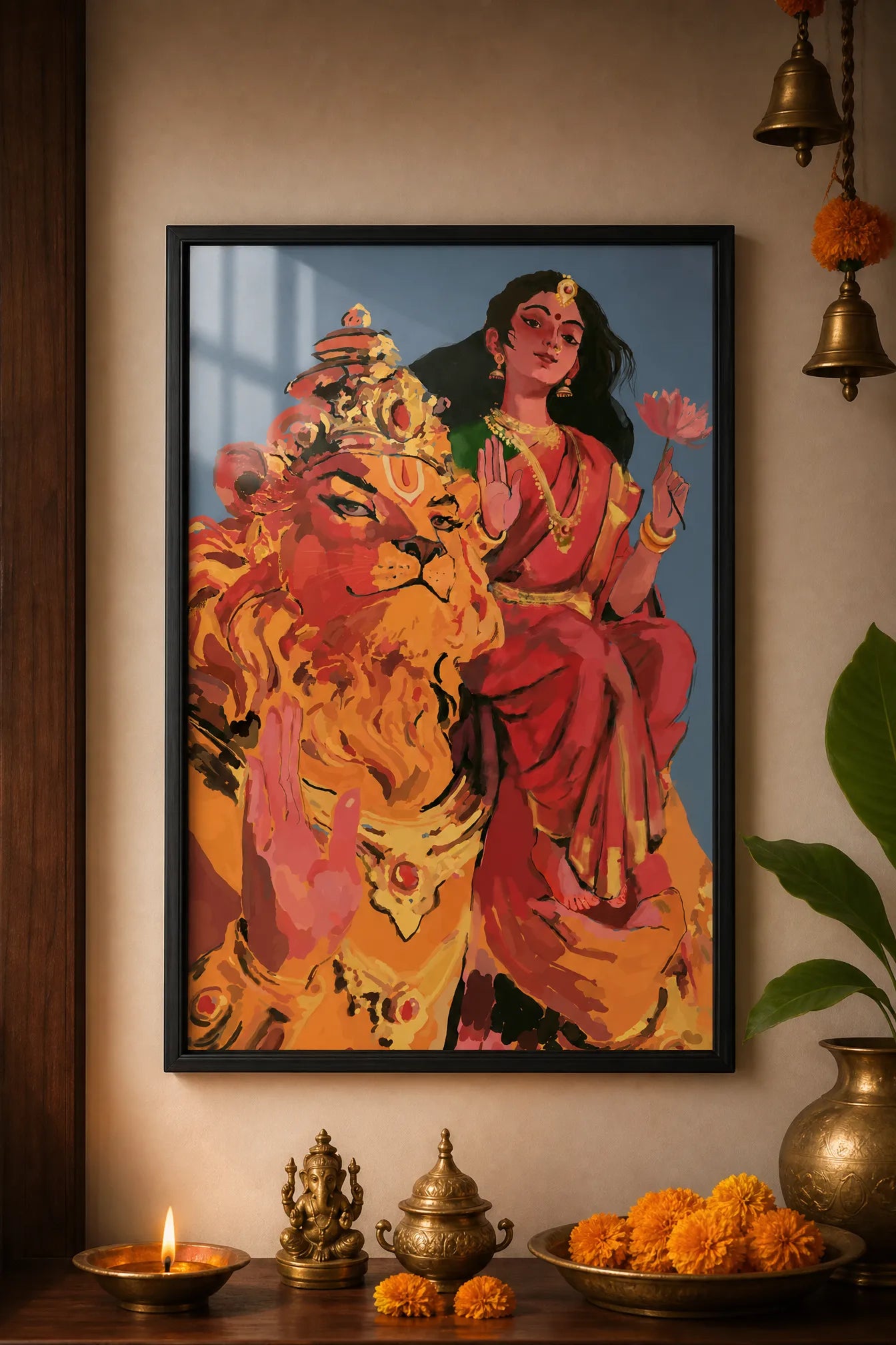 Lakshmi Narasimha Swamy Photo Frame | Goddess Lakshmi Seated on Lord Narasimha's Shoulder | Hindu Devotional Wall Art | Spiritual Gift