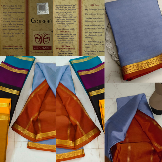 Elegant Baby Blue Mysore Silk Saree – Pure Silk Mark Certified Saree for Weddings & Festive Wear