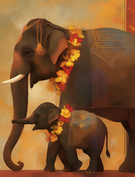 Digital Art of Temple Elephant and Its Calf | High-Resolution Download