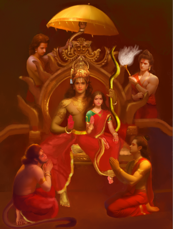 Sri Rama Darbar Art Digital Download | Lord Rama, Sita, Lakshmana & Hanuman | 300 DPI High-Resolution Hindu Wall Art