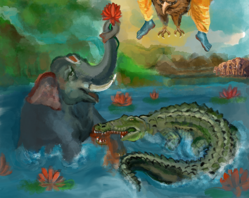 Gajendra Moksha Digital Painting | Lord Vishnu Saving the Elephant | 300 DPI HD png download