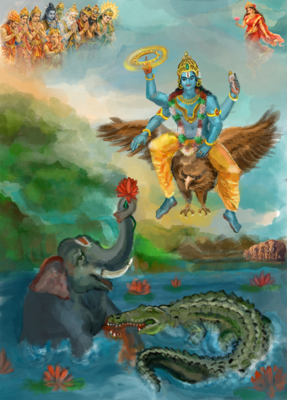 Gajendra Moksha Digital Painting | Lord Vishnu Saving the Elephant | 300 DPI HD png download