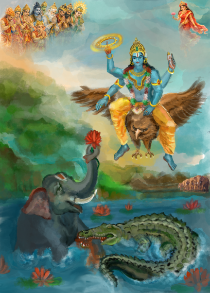 Gajendra Moksha Digital Painting | Lord Vishnu Saving the Elephant | 300 DPI HD png download