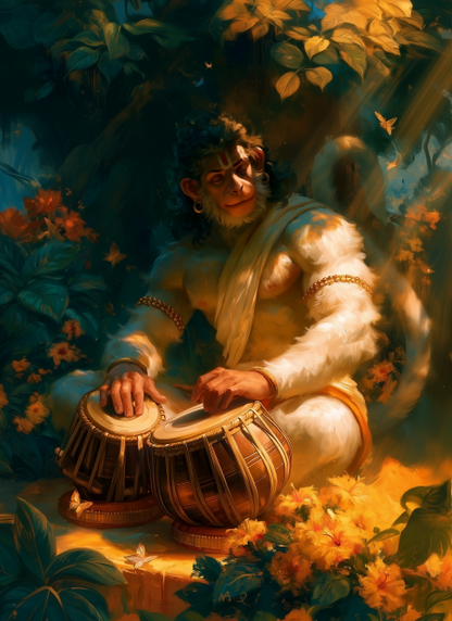 Sri Hanuman Playing Tabla Canvas Frame | Premium Framed Devotional Hanuman Wall Art | Hindu Spiritual Decor