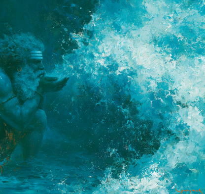 Agastya Muni Drinking the Ocean Poster | Abstract Hindu Mythology Wall Art | Premium Devotional Print