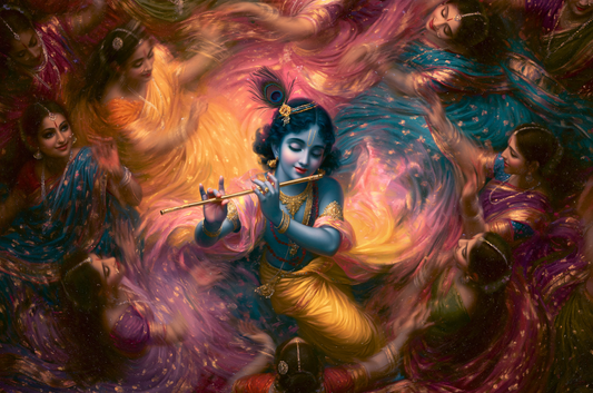Krishna Ras Leela Digital Download | Lord Krishna Playing Flute with Gopis in Vrindavan | High-Resolution Printable Wall Art