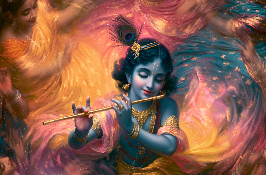 Krishna Ras Leela Digital Download | Lord Krishna Playing Flute with Gopis in Vrindavan | High-Resolution Printable Wall Art