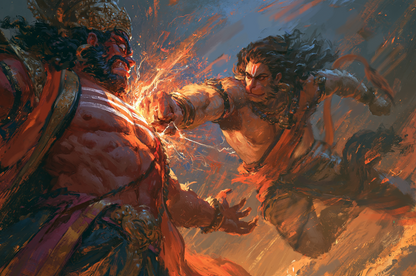 Lord Hanuman Punching Ravanasura Poster Print | Epic Ramayana Wall Art | Premium Hindu Mythology Poster | Spiritual Gift