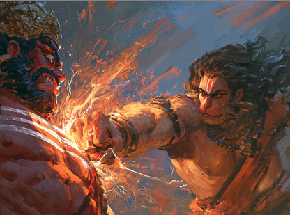 Lord Hanuman Punching Ravanasura Poster Print | Epic Ramayana Wall Art | Premium Hindu Mythology Poster | Spiritual Gift