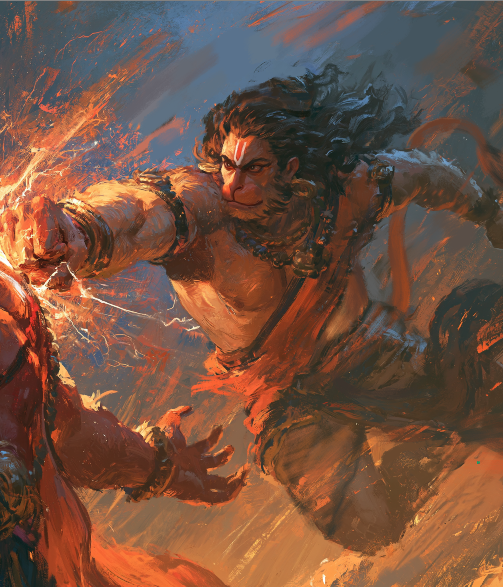 Lord Hanuman Punching Ravanasura Poster Print | Epic Ramayana Wall Art | Premium Hindu Mythology Poster | Spiritual Gift