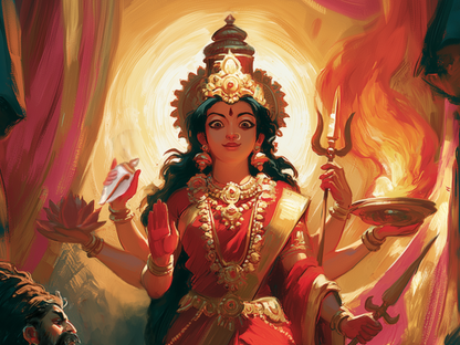 Hinglaj Mata Protecting Two Kshatriya Princes from the Wrath of Lord Parashurama Poster | Hindu Devotional Wall Art | Sacred Gift for Devotees | Premium Poster Print