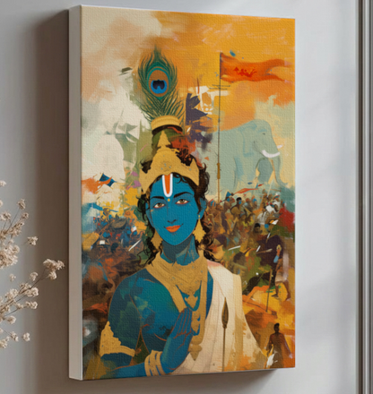 Sri Krishna in the Battlefield of Kurukshetra Canvas Wall Art | Bhagavad Gita Divine Scene | Vastu & Gifting Artwork