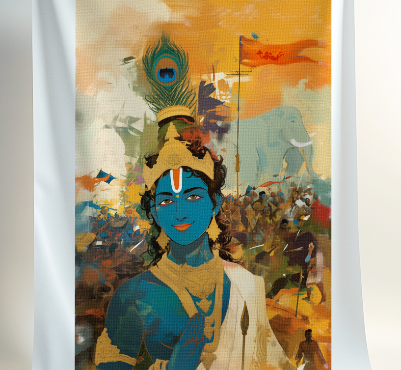 Sri Krishna in the Battlefield of Kurukshetra Canvas Print Roll (Unframed) – Bhagavad Gita Wall Art for Home Temple & Spiritual Décor