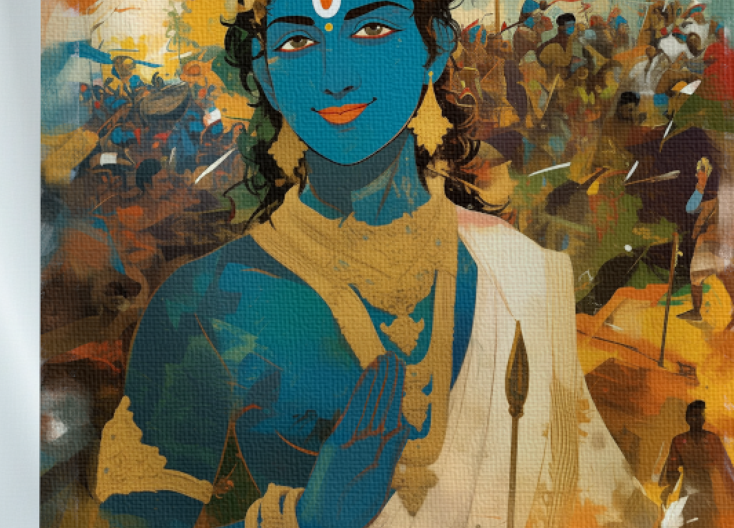 Sri Krishna in the Battlefield of Kurukshetra Canvas Wall Art | Bhagavad Gita Divine Scene | Vastu & Gifting Artwork