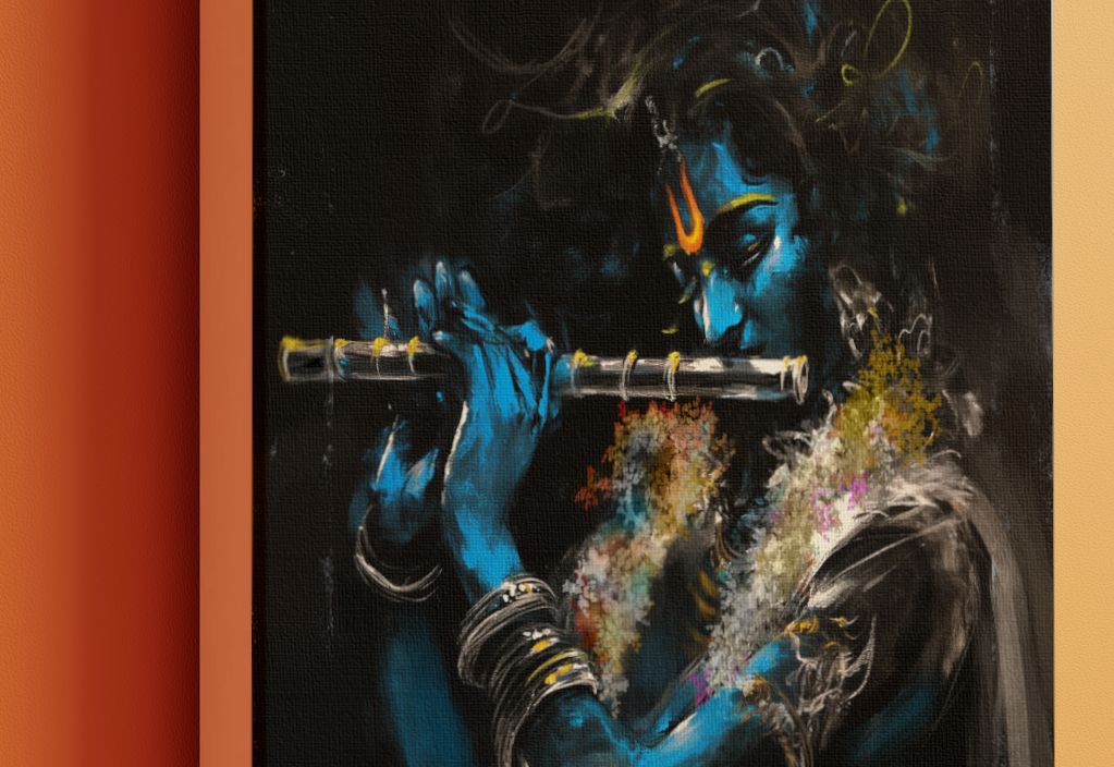 Abstract Sri Krishna Playing Flute Canvas Wall Art | Divine Musical Bliss | Vastu & Gifting Artwork