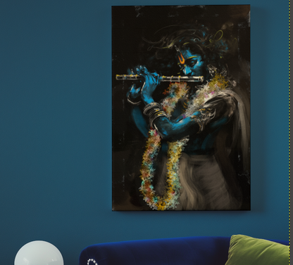 Abstract Sri Krishna Playing Flute Canvas Wall Art | Divine Musical Bliss | Vastu & Gifting Artwork