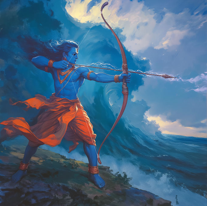 Sri Rama Vanquishing the Pride of the Ocean Photo Frame | Ramayana Samudra Darpaharaṇa Wall Art | 300 GSM Glossy Laminated Artboard | Vastu Strength & Dharma Gift