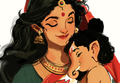 Parvati Devi Carrying Baby Ganesha Poster | Goddess Parvati & Lord Ganesha Hindu Devotional Wall Art | Divine Mother & Son Artwork | Spiritual Gift
