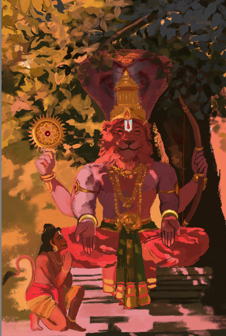 Karanja Narasimha Swamy Canvas Frame | Ahobilam Nava Narasimha with Hanuman | Sri Rama Bow & Sudarshana Chakra | Hindu Devotional Wall Art