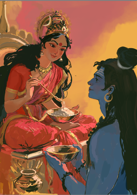 Goddess Annapurna Feeding Lord Shiva Poster | Maa Annapurna Giving Alms to Shiva | Hindu Devotional Wall Art | Spiritual Poster Print