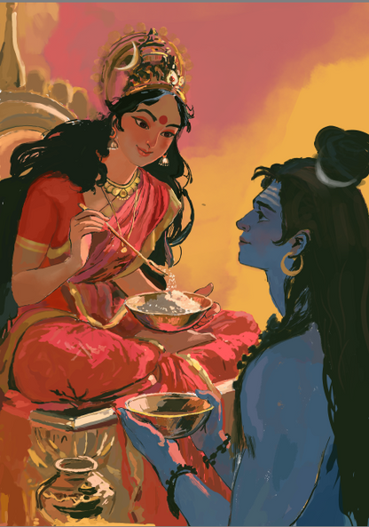 Goddess Annapurna Feeding Lord Shiva Poster | Maa Annapurna Giving Alms to Shiva | Hindu Devotional Wall Art | Spiritual Poster Print
