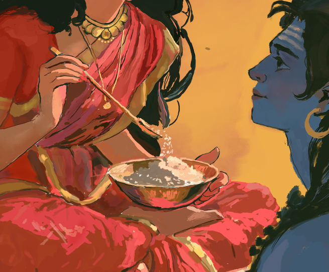 Goddess Annapurna Feeding Lord Shiva Poster | Maa Annapurna Giving Alms to Shiva | Hindu Devotional Wall Art | Spiritual Poster Print