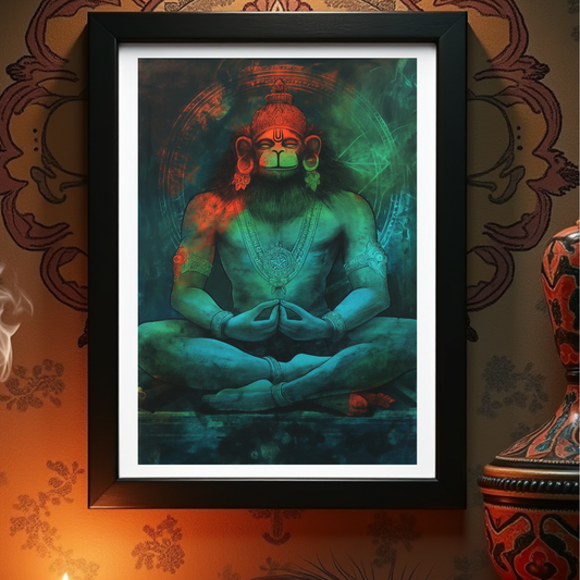 Meditative Hanuman - A4 Framed Poster of Lord Hanuman in Meditation