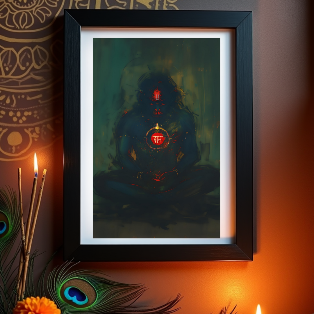 Meditating Hanuman Digital Art | Perfect Gift Framed Poster Photo Frame | 300 GSM Glossy Finish