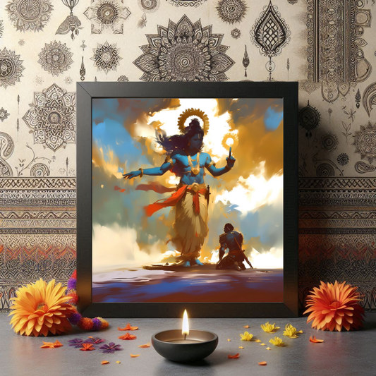 Krishna with Sudarshan Chakra and Arjun Bowing Photo Frame | Divine Gift for Krishna Devotees | 300 GSM Glossy Finish