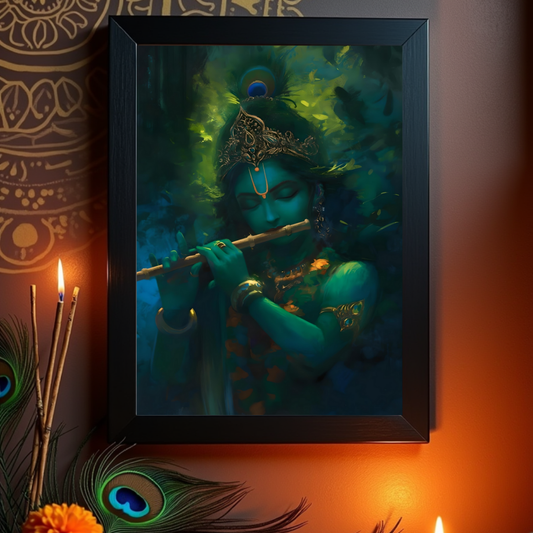 Krishna Playing Flute Photo Frame | Divine Krishna Bhagwan Art | Perfect Gift for Devotees | Shop Krishna Photo Frame Online | 300 GSM Glossy Finish