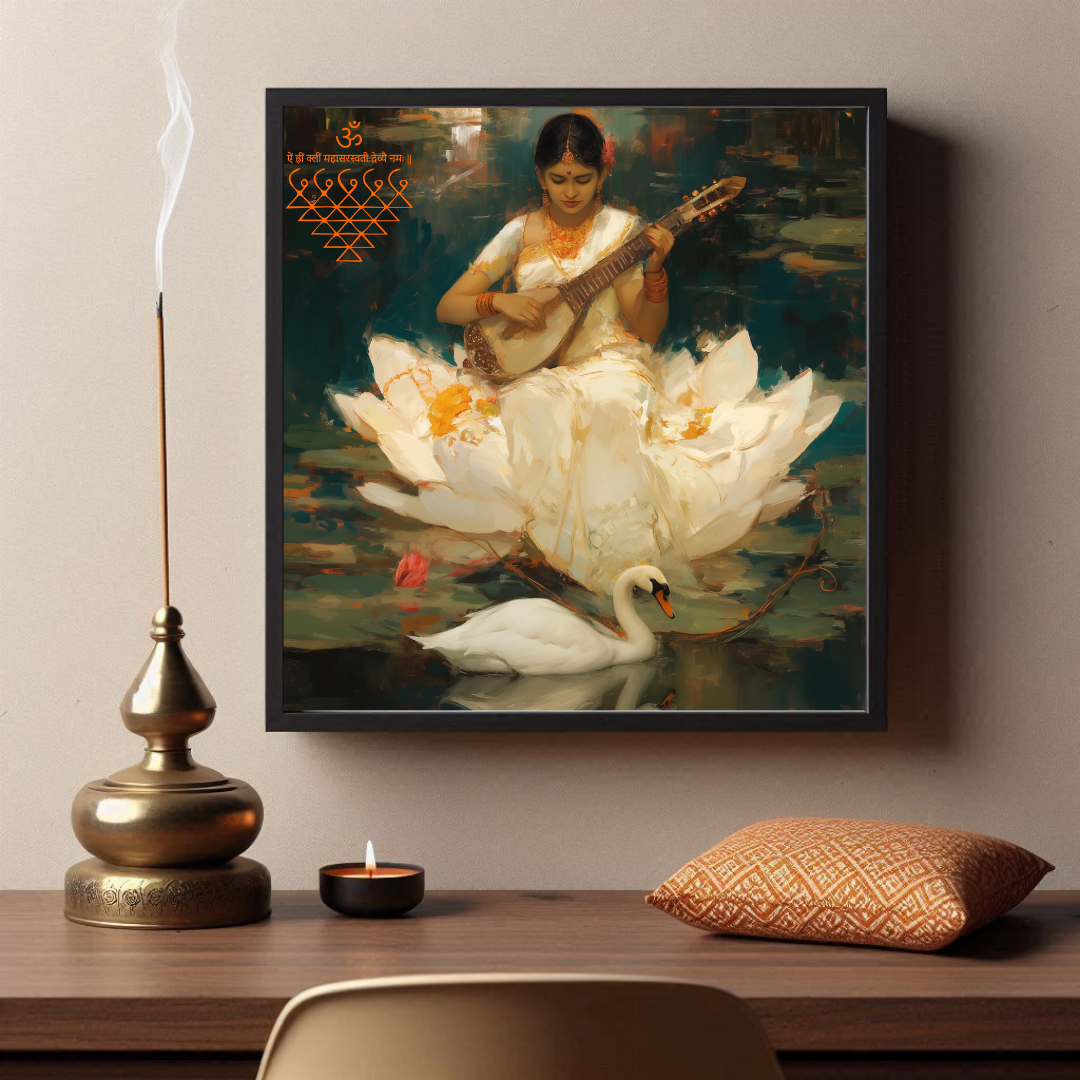 Saraswati Digital Art with Saraswati Yantra Photo Frame | Perfect Gift for Saraswati Devotees | 300 GSM Glossy Finish