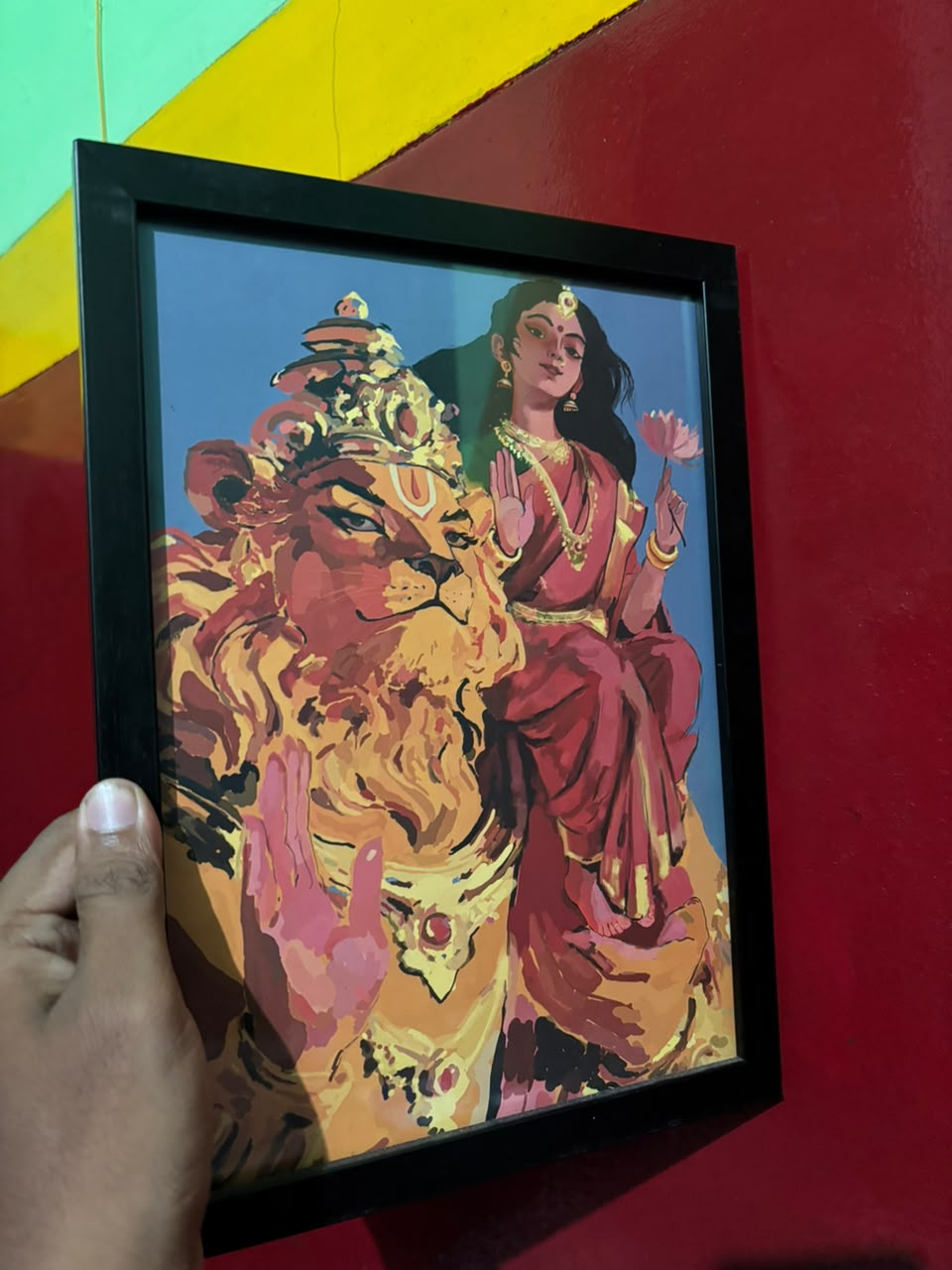 Lakshmi Narasimha Swamy Photo Frame | Goddess Lakshmi Seated on Lord Narasimha's Shoulder | Hindu Devotional Wall Art | Spiritual Gift
