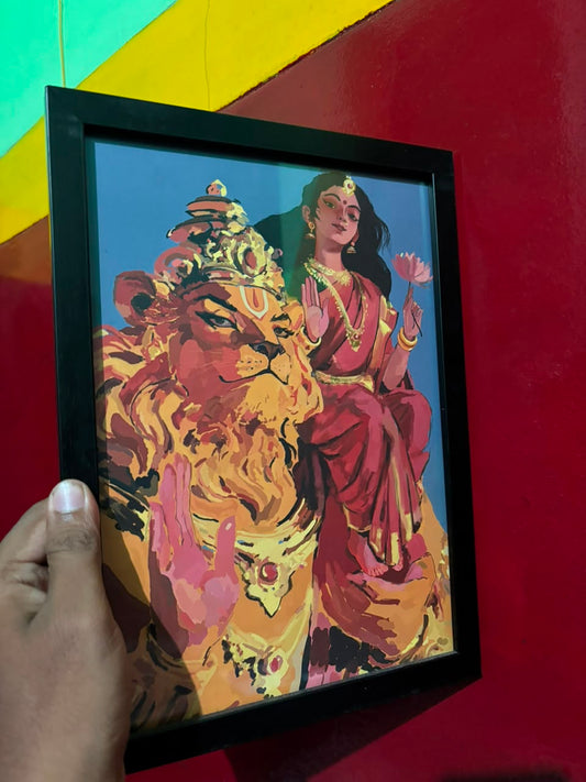 Lakshmi Narasimha Swamy Photo Frame | Goddess Lakshmi Seated on Lord Narasimha's Shoulder | Hindu Devotional Wall Art | Spiritual Gift