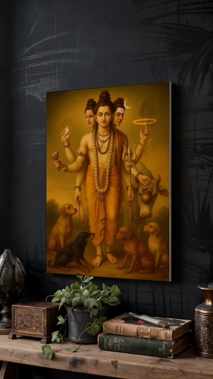 Dattatreya Swamy Digital Painting on Canvas – Divine Trinity Wall Art for Vastu, Spiritual Growth & Home Harmony