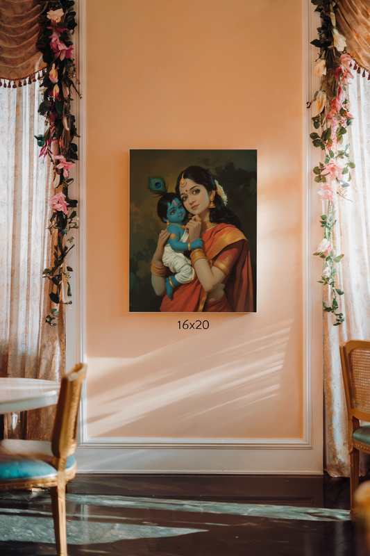 Krishna and Yashoda Digital Painting on Canvas – Divine Motherly Love Wall Art for Home & Pooja Room