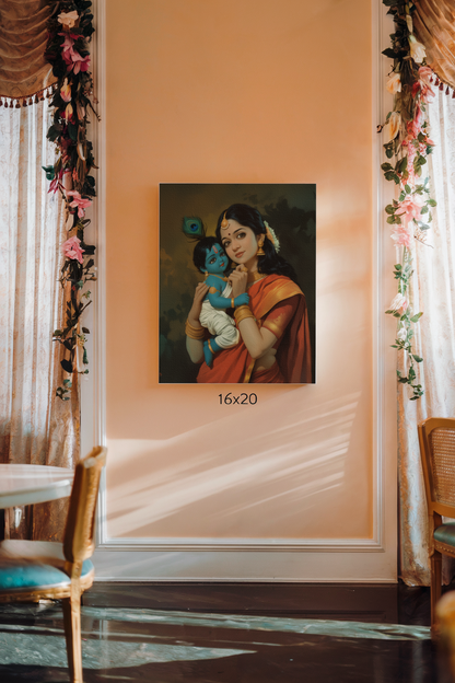 Krishna and Yashoda Digital Painting on Canvas – Divine Motherly Love Wall Art for Home & Pooja Room