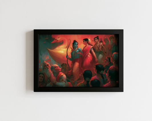 Sri Rama Returns to Ayodhya in Pushpaka Vimana Photo Frame | Ramayana Framed Wall Art | Premium Spiritual Gift