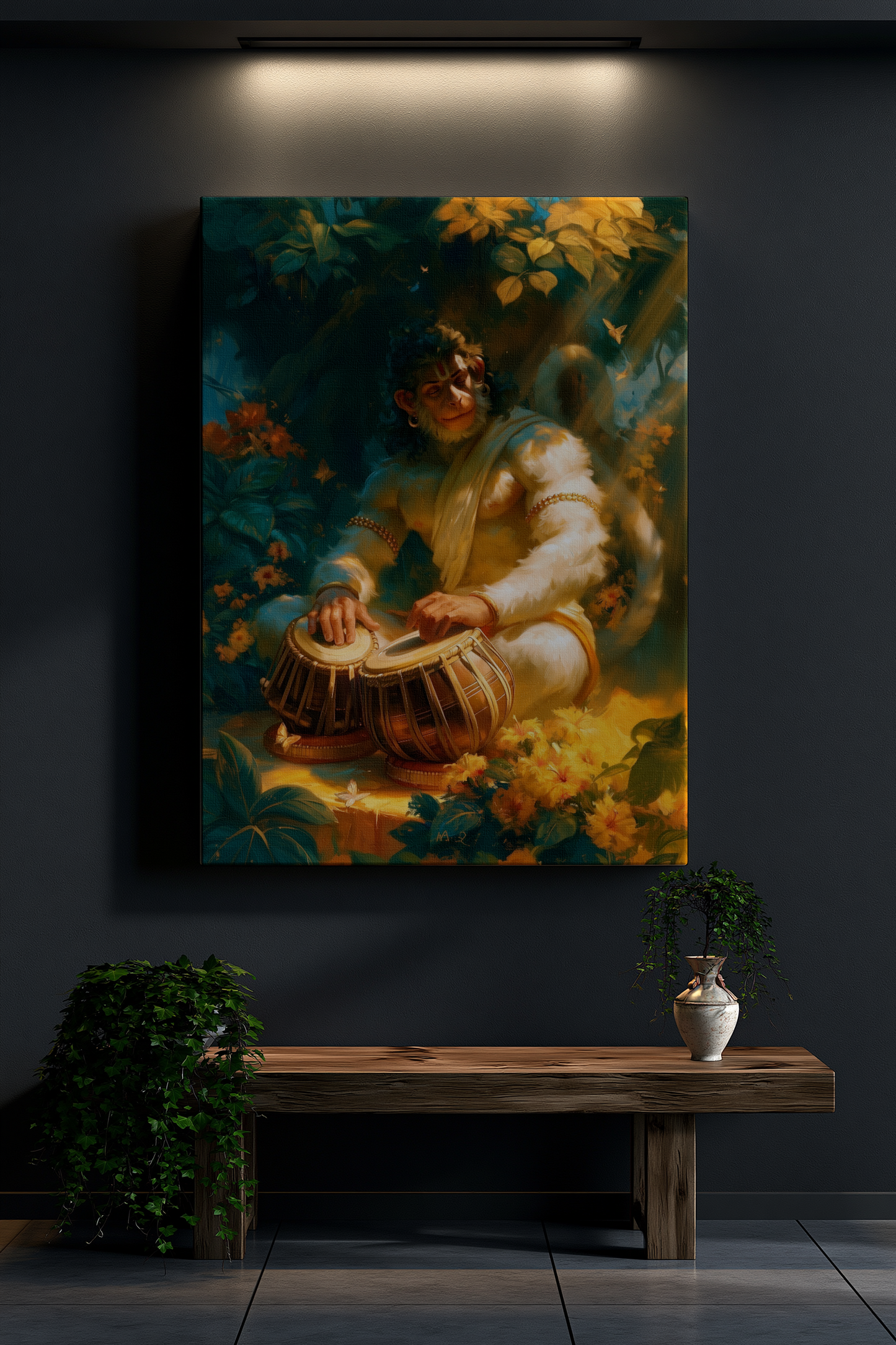 Sri Hanuman Playing Tabla Canvas Frame | Premium Framed Devotional Hanuman Wall Art | Hindu Spiritual Decor