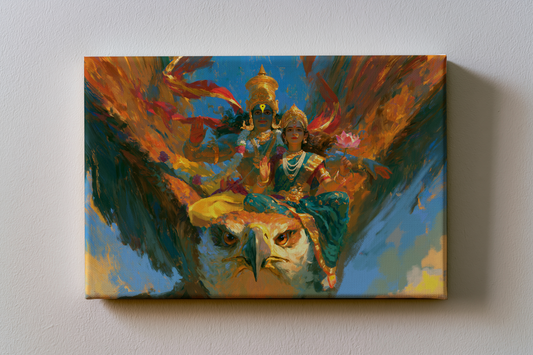 Lord Vittala and Rukmini Devi on Garuda Canvas Frame | Premium Framed Hindu Wall Art | Best Spiritual Gift