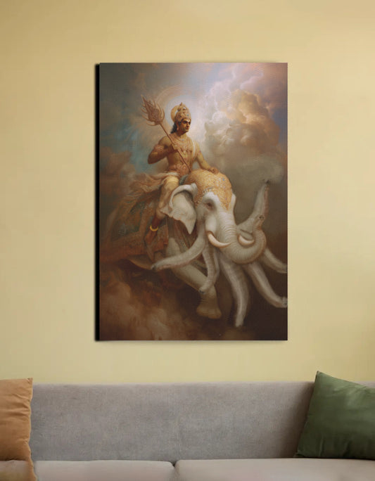 Indra Deva Canvas Wall Art | Vedic Rain God | Vastu Positive Gift | PolyCanvas Framed Spiritual Décor