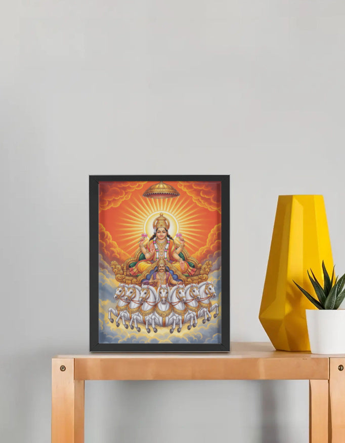 Surya Dev Photo Frame | Surya Narayana Wall Art | 300 GSM Glossy Laminated Artboard | Vastu Positive Gift for Energy & Prosperity