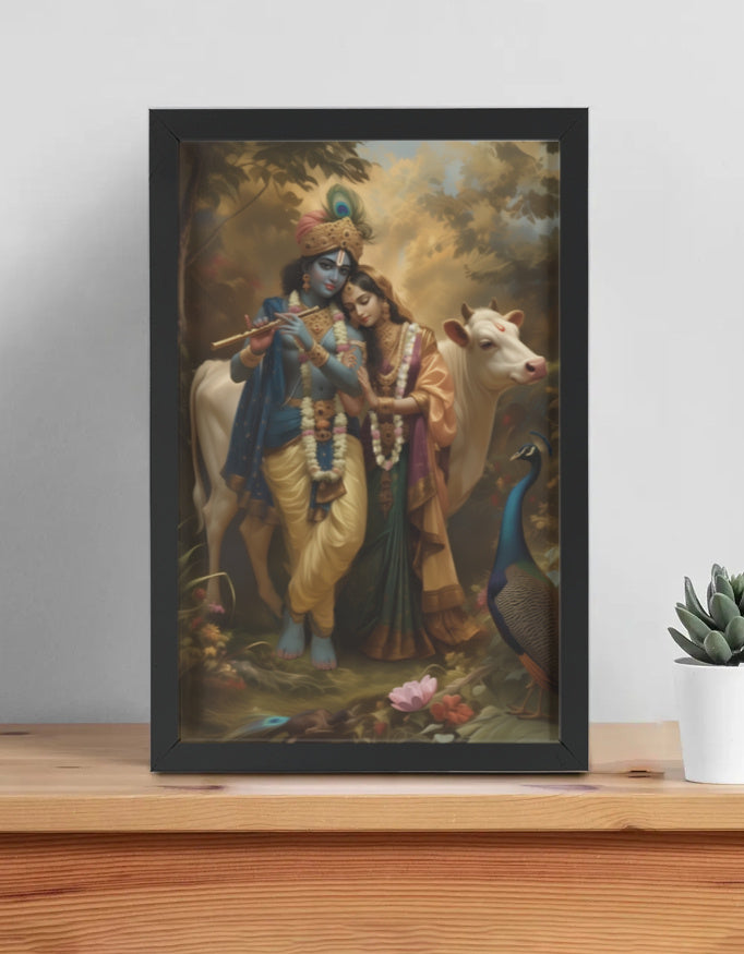 Radha Krishna Photo Frame | Divine Love Wall Art | 300 GSM Glossy Laminated Artboard | Vastu Positive Gift for Home & Office