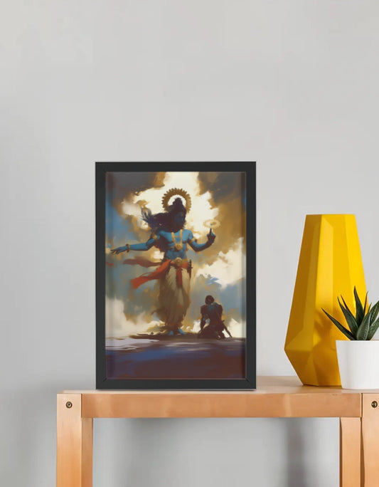 Krishna with Sudarshan Chakra and Arjun Bowing Photo Frame | Divine Gift for Krishna Devotees | 300 GSM Glossy Finish